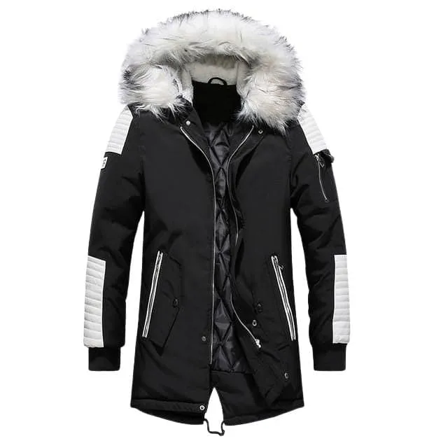ATWELL Design Men's Sports Fashion Black Red & White Thick Winter Parka Fur Collar Hooded Coat Jacket