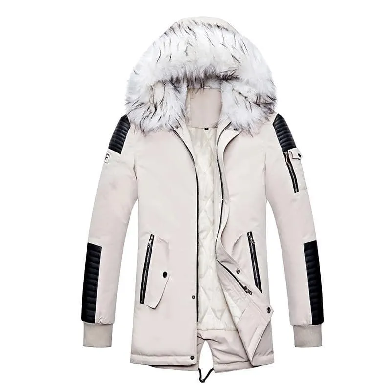 ATWELL Design Men's Sports Fashion Black Red & White Thick Winter Parka Fur Collar Hooded Coat Jacket
