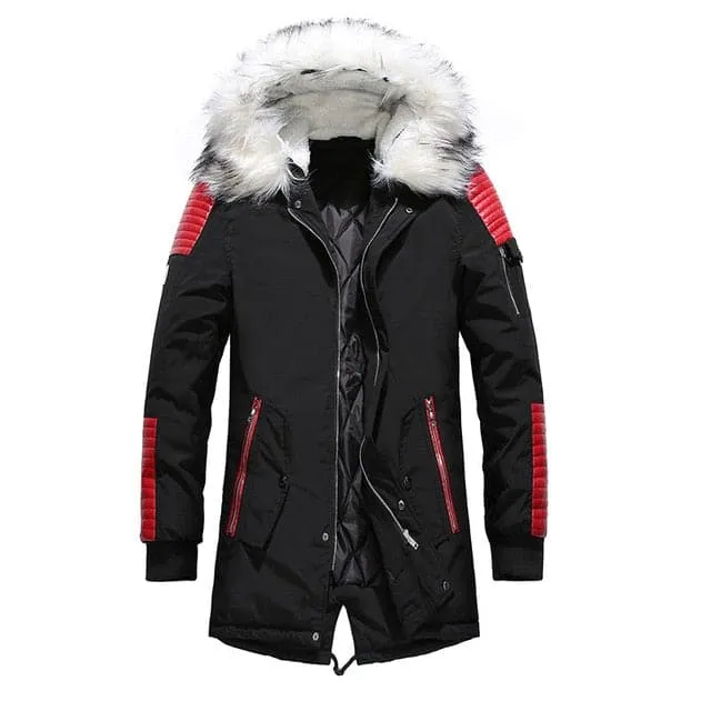 ATWELL Design Men's Sports Fashion Black Red & White Thick Winter Parka Fur Collar Hooded Coat Jacket