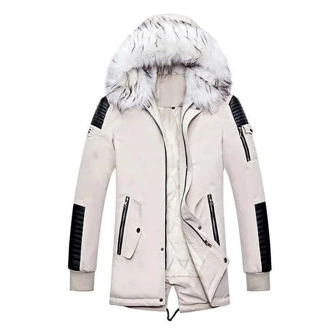 ATWELL Design Men's Sports Fashion Black Red & White Thick Winter Parka Fur Collar Hooded Coat Jacket