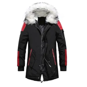 ATWELL Design Men's Sports Fashion Black Red & White Thick Winter Parka Fur Collar Hooded Coat Jacket