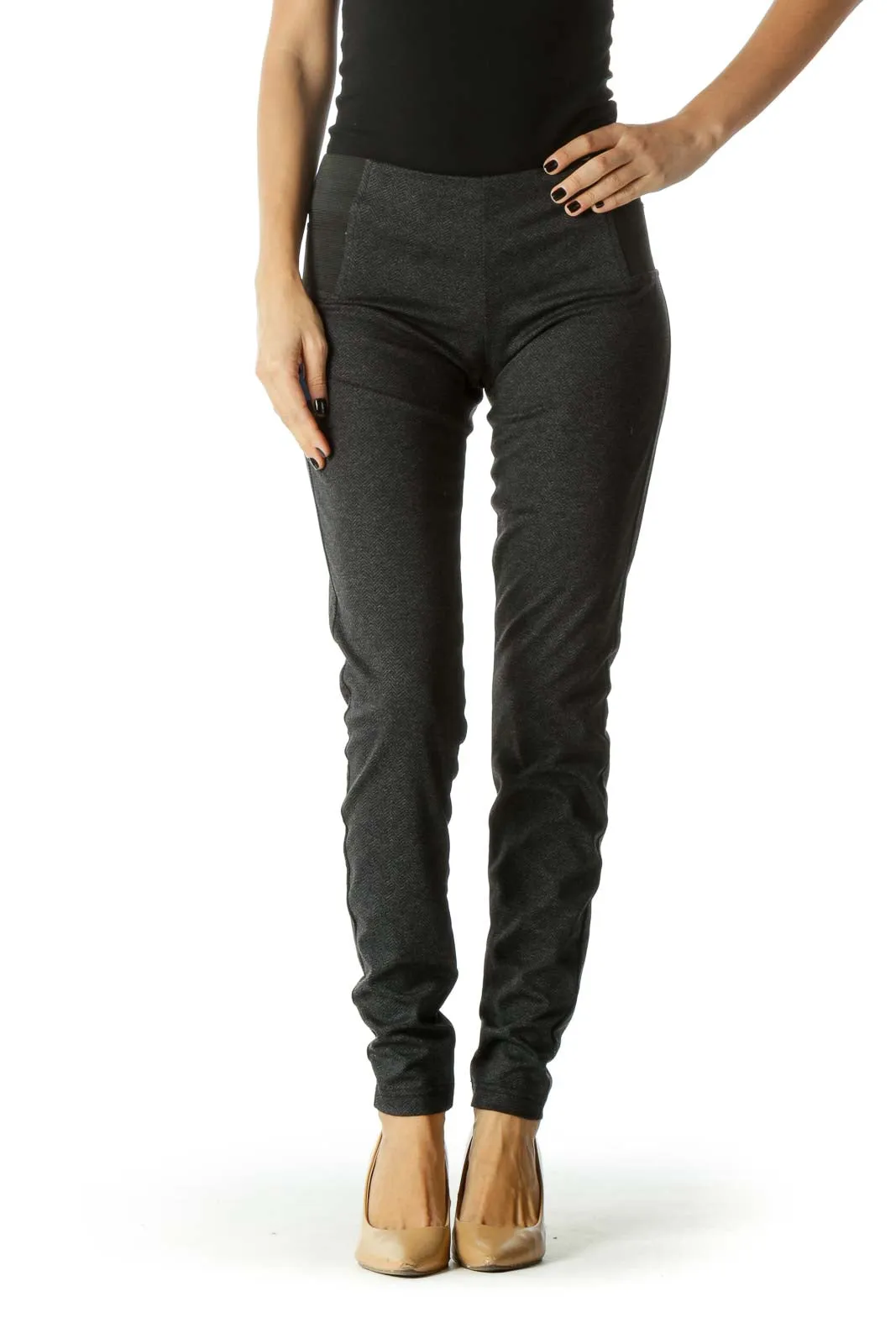 Black Herringbone Print Stretchy Skinny Leg Pant