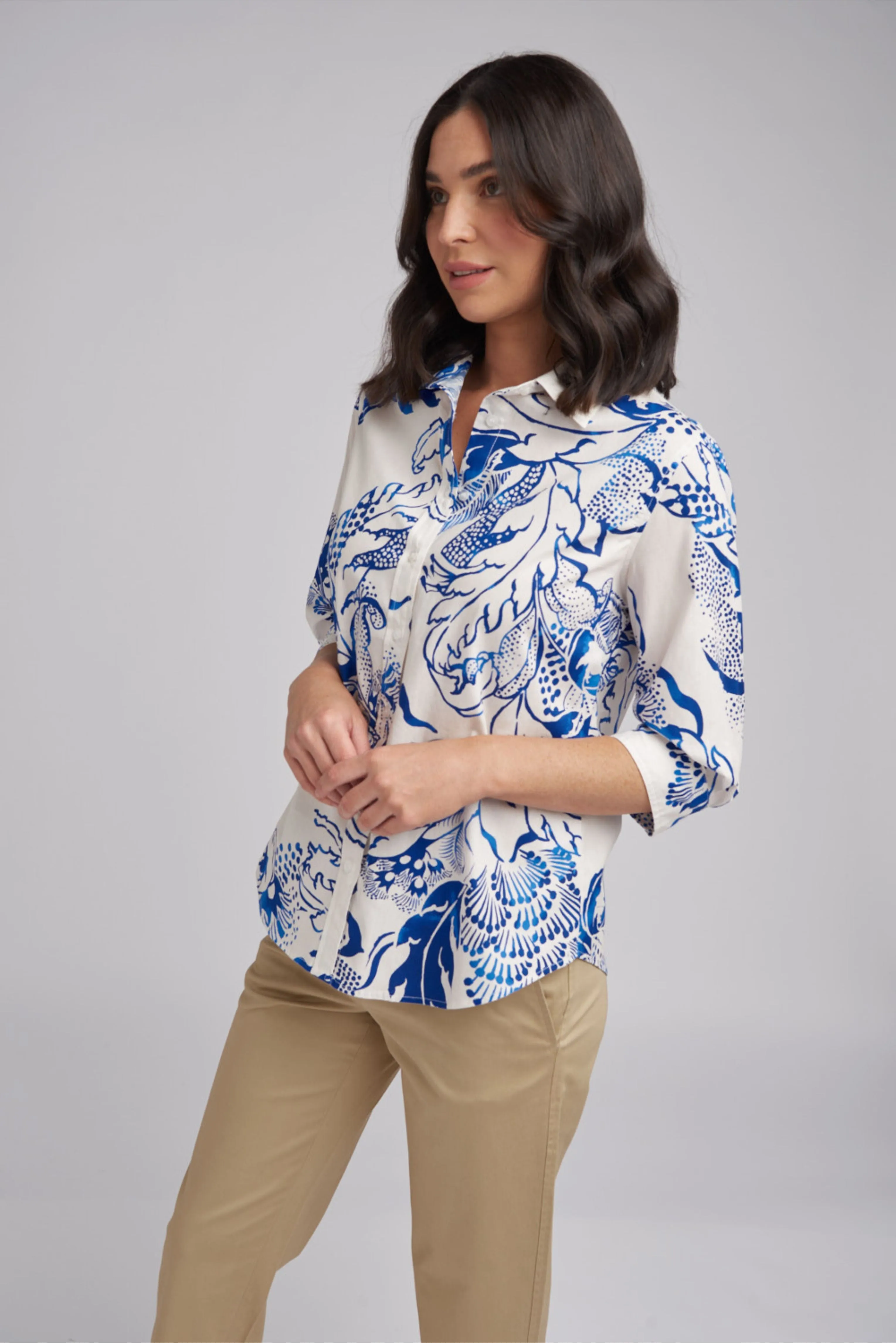 Classic 3/4 Sleeve Opal Print Cotton Shirt