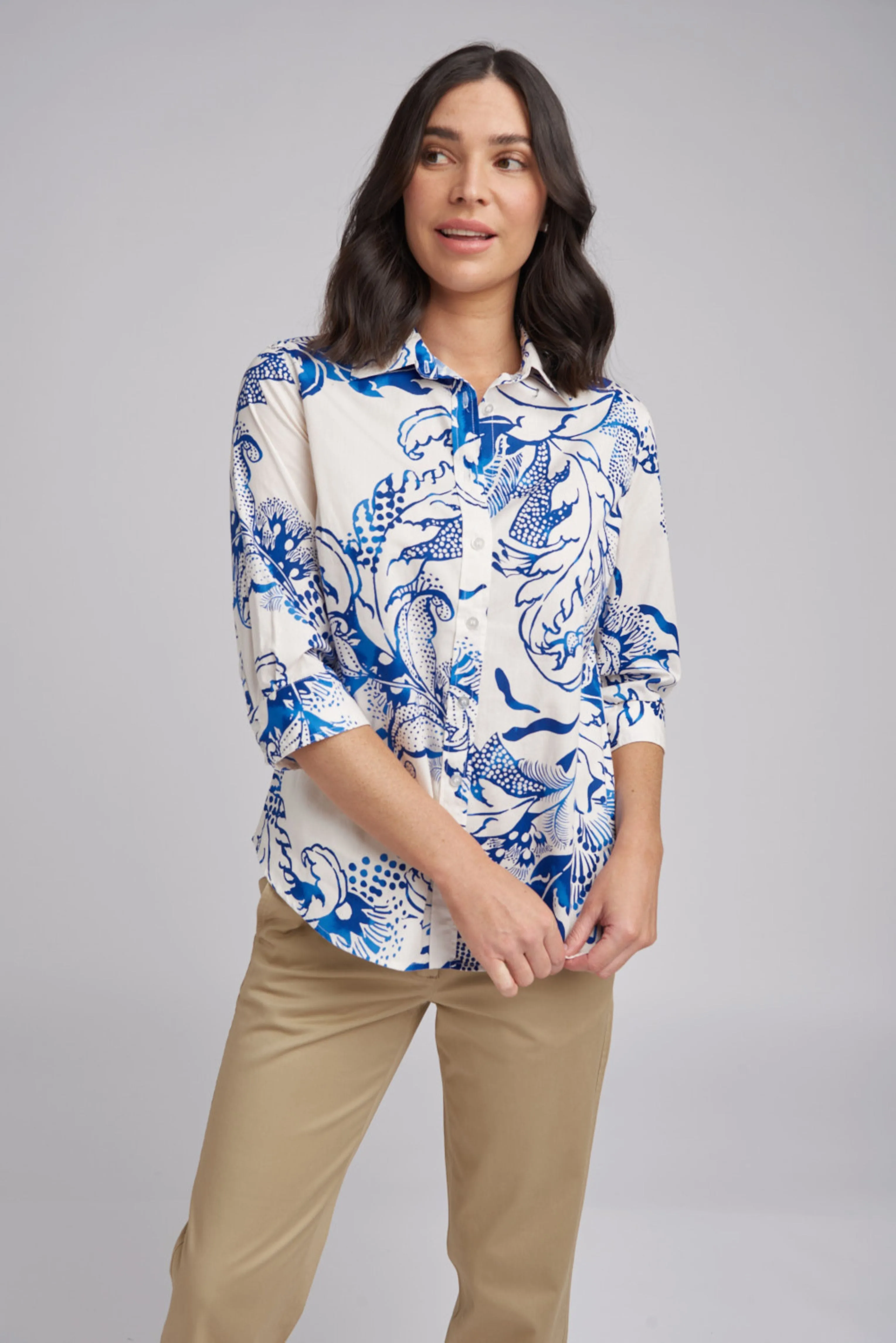 Classic 3/4 Sleeve Opal Print Cotton Shirt