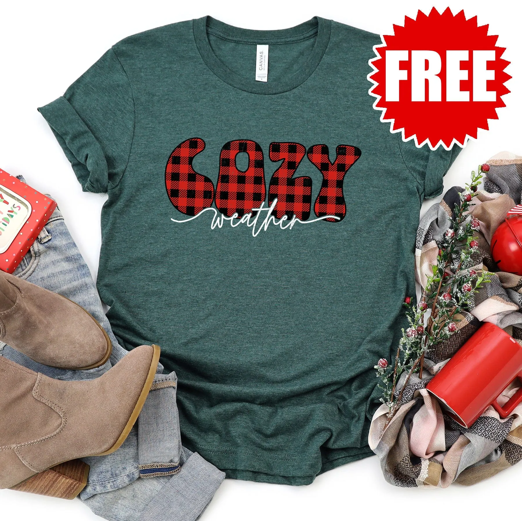 Cozy Weather Plaid Tee - Heather Forest