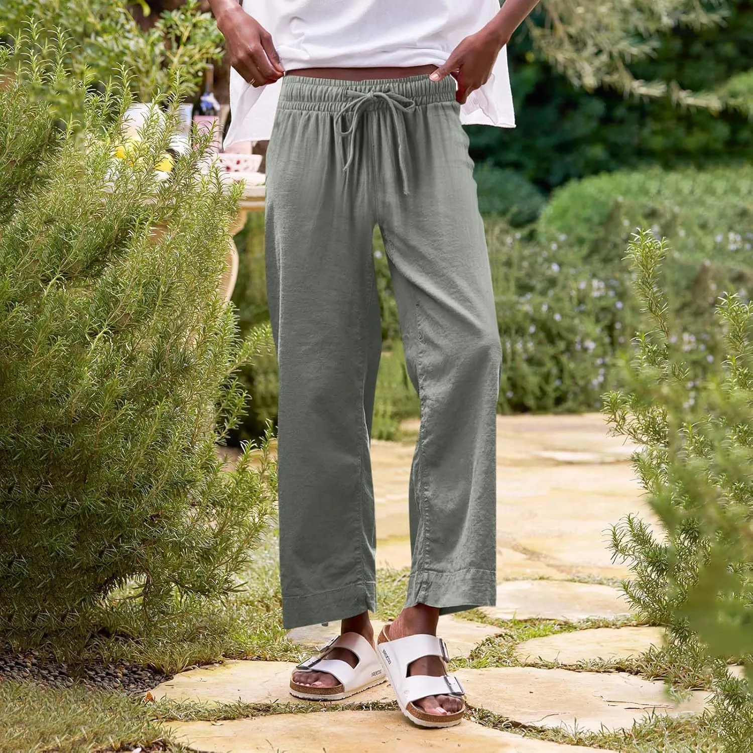 Cropped Linen Pants Women Summer Casual Drawstring Elastic High Waisted Business Casual Pants Wide Leg Work Tousers