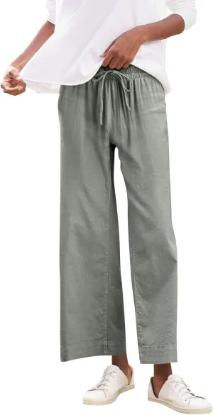Cropped Linen Pants Women Summer Casual Drawstring Elastic High Waisted Business Casual Pants Wide Leg Work Tousers