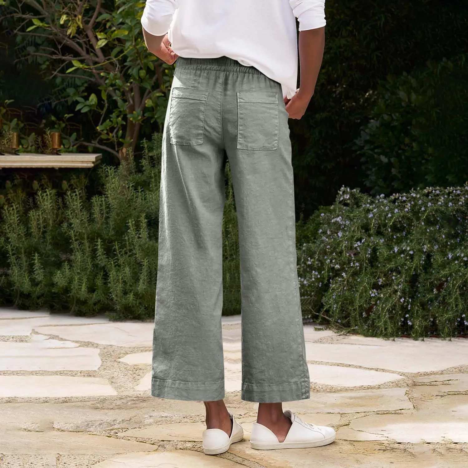 Cropped Linen Pants Women Summer Casual Drawstring Elastic High Waisted Business Casual Pants Wide Leg Work Tousers