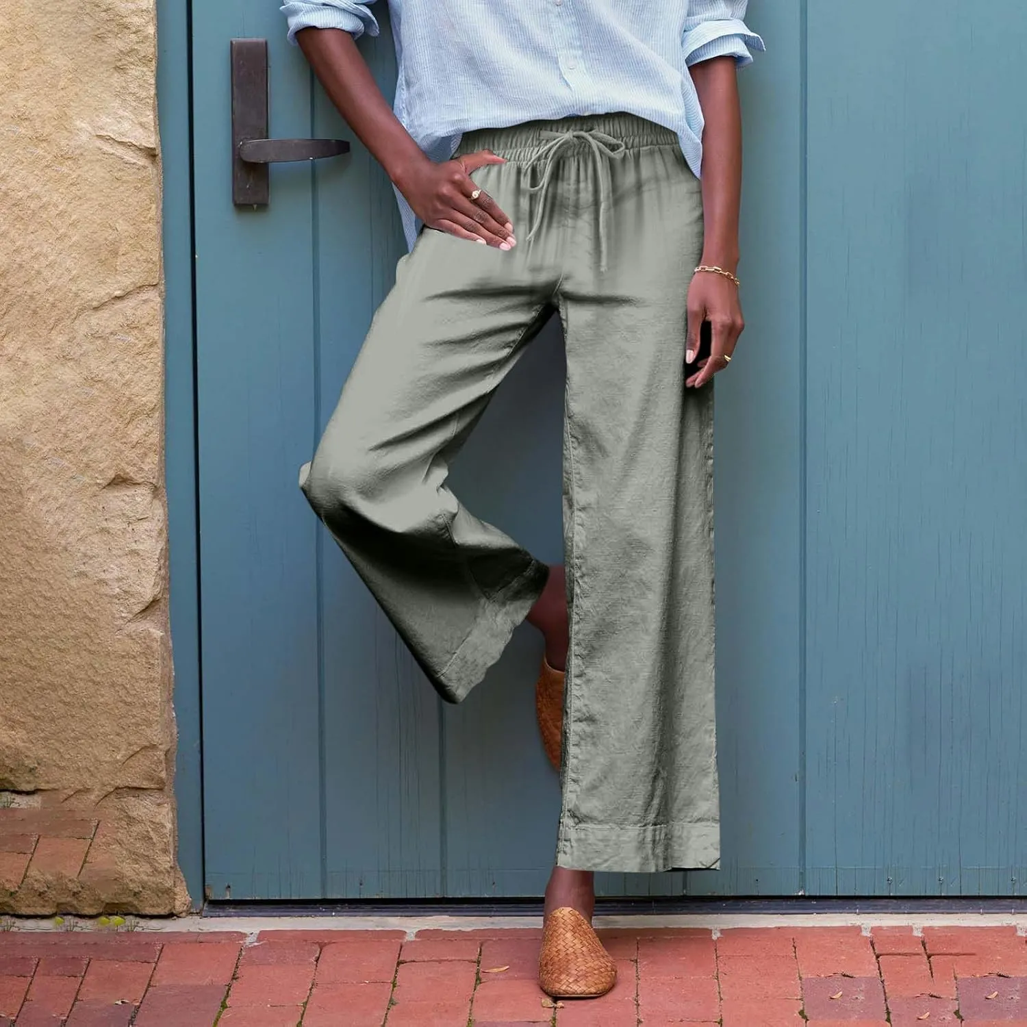 Cropped Linen Pants Women Summer Casual Drawstring Elastic High Waisted Business Casual Pants Wide Leg Work Tousers