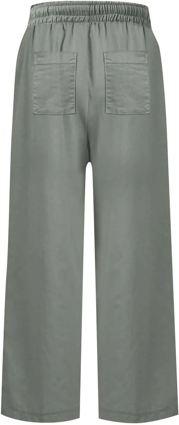 Cropped Linen Pants Women Summer Casual Drawstring Elastic High Waisted Business Casual Pants Wide Leg Work Tousers
