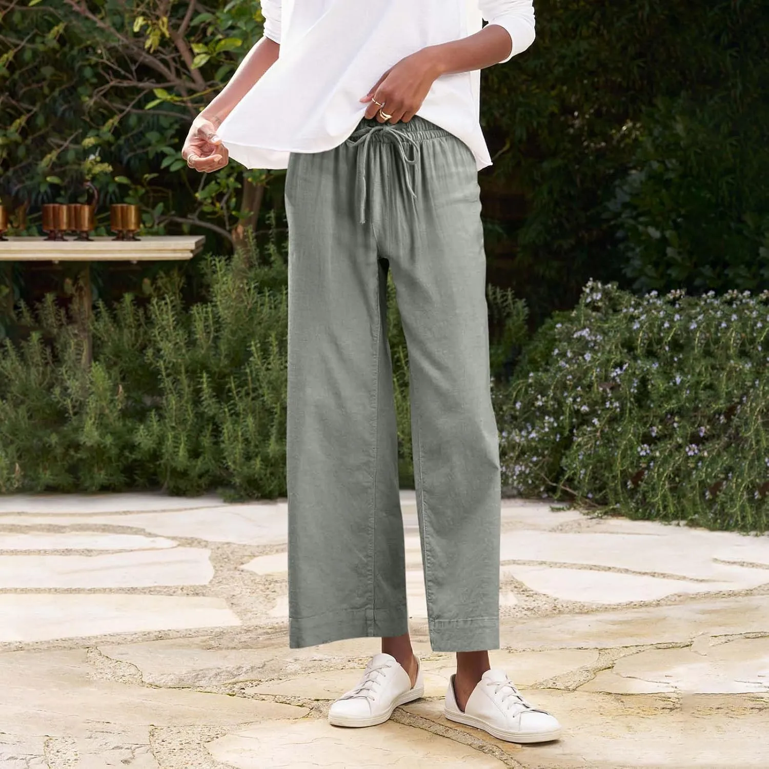 Cropped Linen Pants Women Summer Casual Drawstring Elastic High Waisted Business Casual Pants Wide Leg Work Tousers