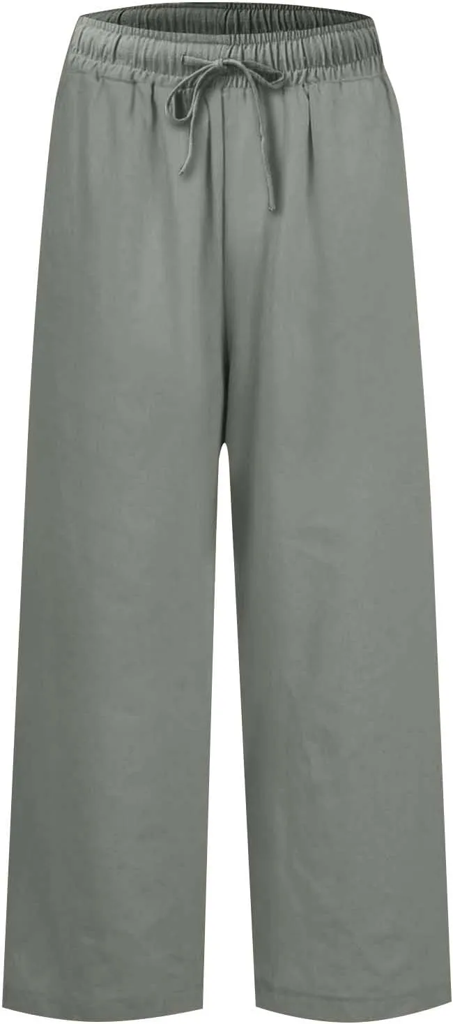 Cropped Linen Pants Women Summer Casual Drawstring Elastic High Waisted Business Casual Pants Wide Leg Work Tousers