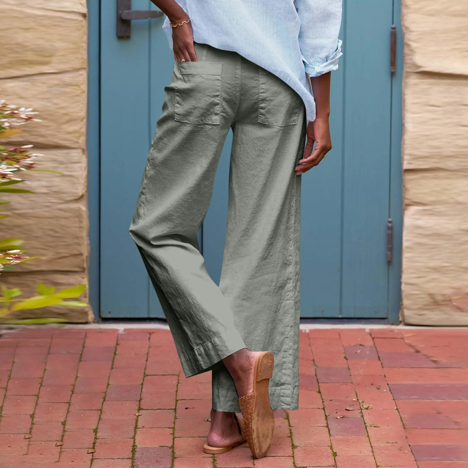 Cropped Linen Pants Women Summer Casual Drawstring Elastic High Waisted Business Casual Pants Wide Leg Work Tousers