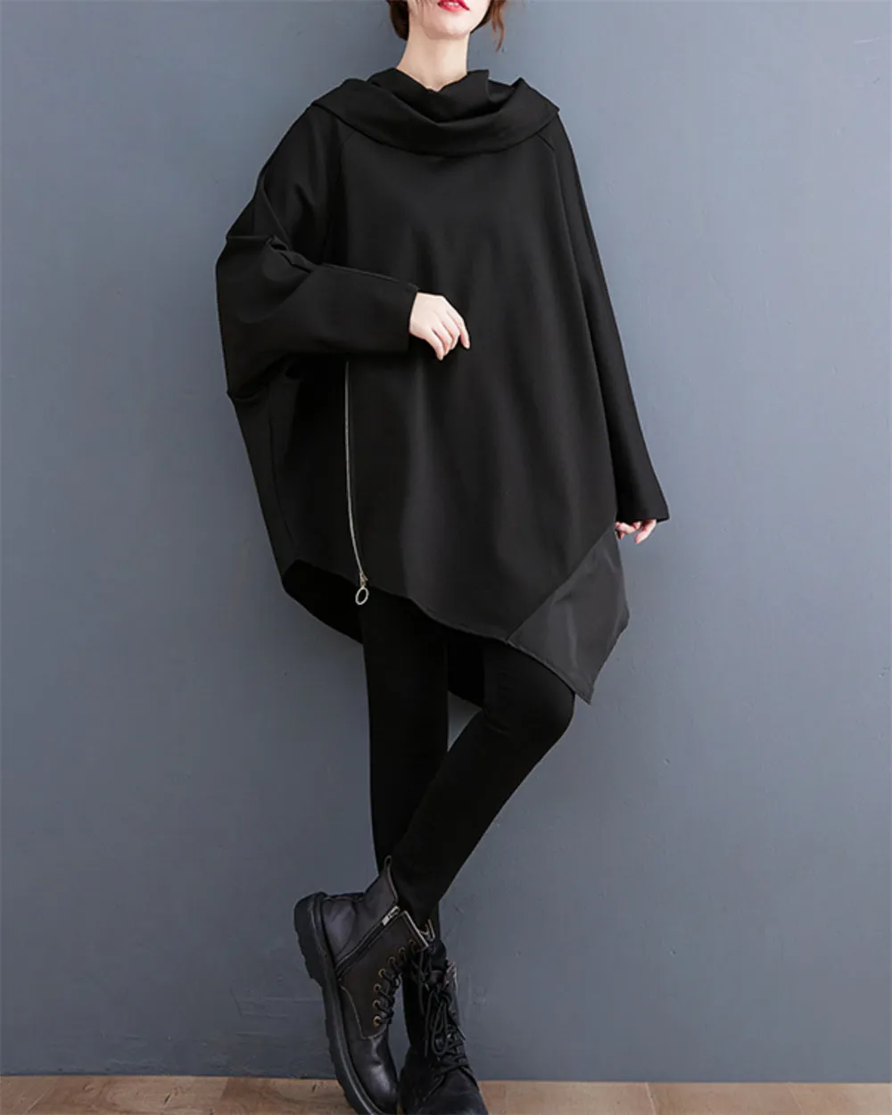 ellazhu Women's Baggy Batwing Sleeve Irregular Pullover Solid Collar Sweatshirt GZ49