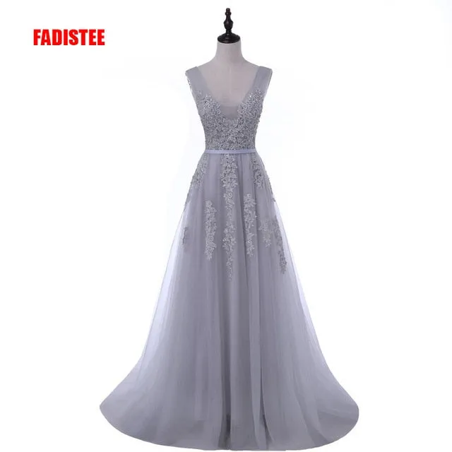 FADISTEE Vestido De Festa Sweet pink Lace V-neck Long Evening Dress Bride Party Sexy Backless beads pearls Prom Dresses lace-up