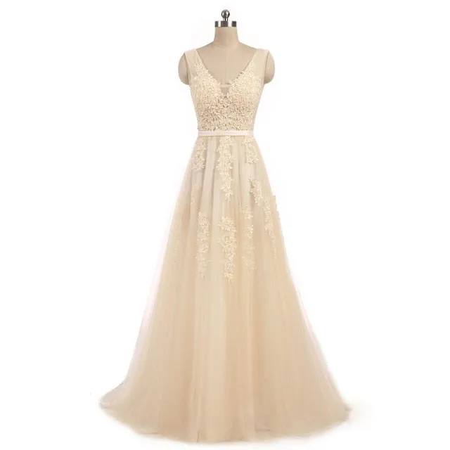 FADISTEE Vestido De Festa Sweet pink Lace V-neck Long Evening Dress Bride Party Sexy Backless beads pearls Prom Dresses lace-up