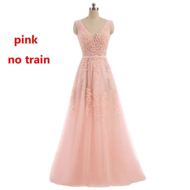 FADISTEE Vestido De Festa Sweet pink Lace V-neck Long Evening Dress Bride Party Sexy Backless beads pearls Prom Dresses lace-up