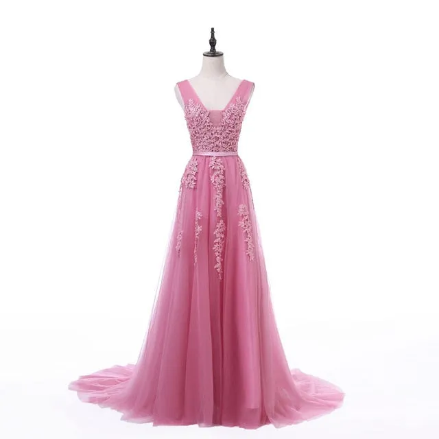 FADISTEE Vestido De Festa Sweet pink Lace V-neck Long Evening Dress Bride Party Sexy Backless beads pearls Prom Dresses lace-up