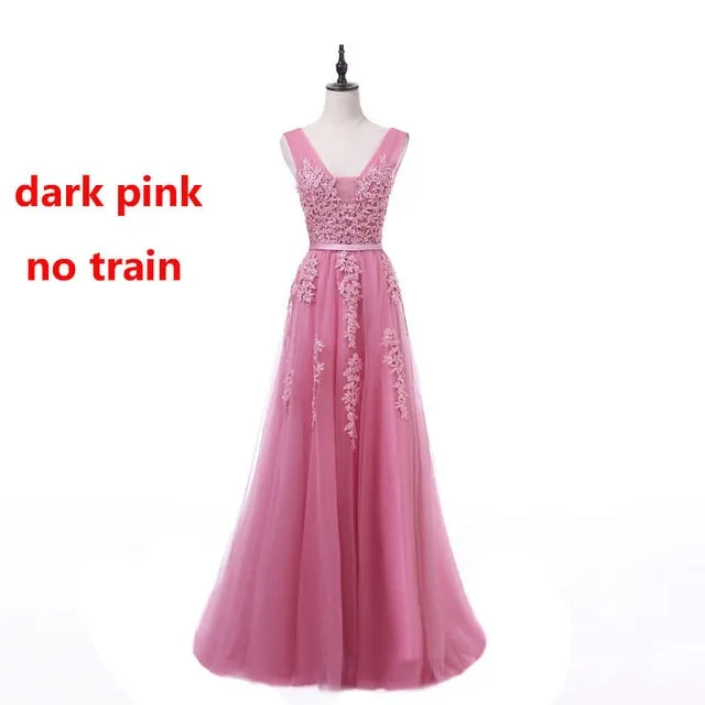 FADISTEE Vestido De Festa Sweet pink Lace V-neck Long Evening Dress Bride Party Sexy Backless beads pearls Prom Dresses lace-up