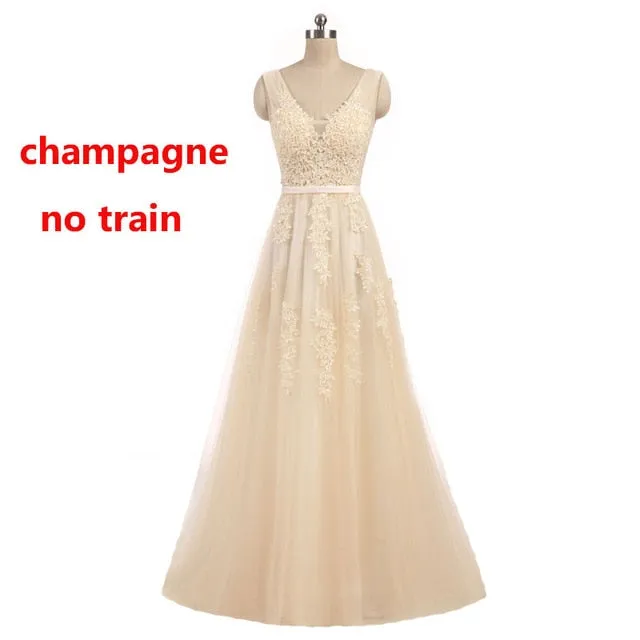 FADISTEE Vestido De Festa Sweet pink Lace V-neck Long Evening Dress Bride Party Sexy Backless beads pearls Prom Dresses lace-up