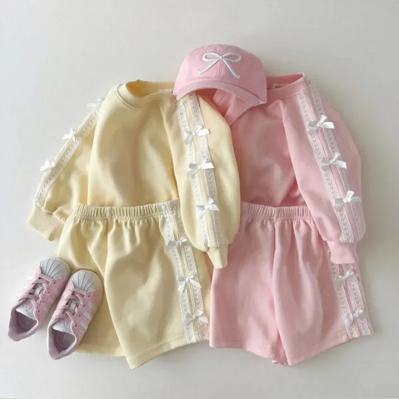 Girls Solid Lace Bow Sweatshirt & Shorts Set