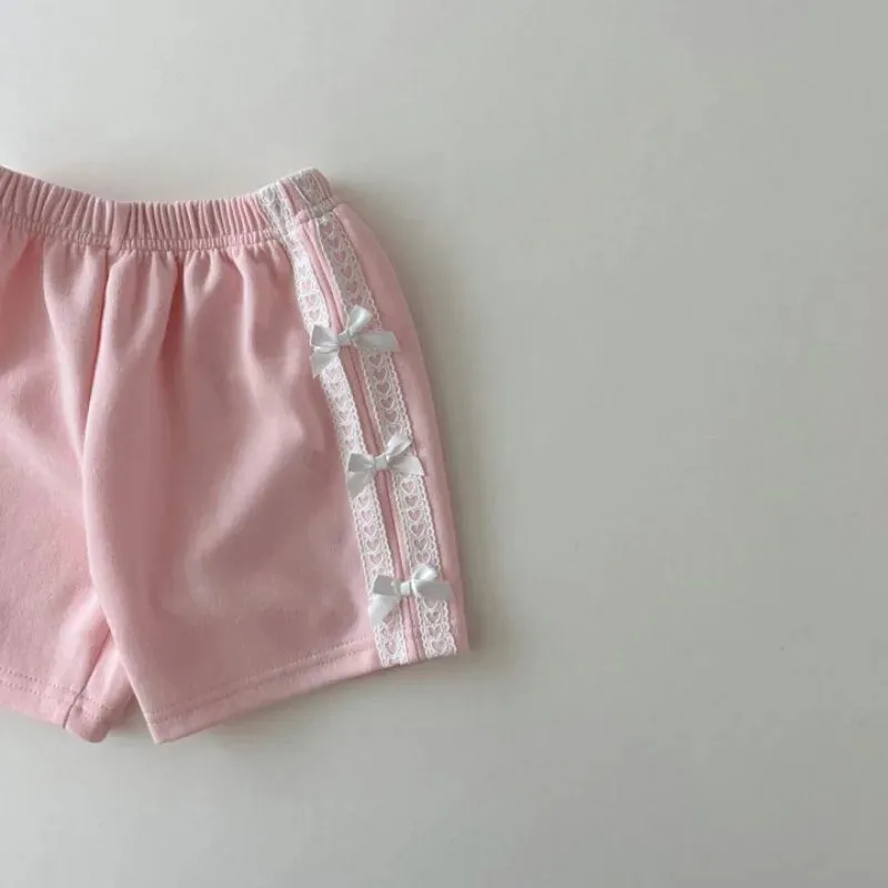 Girls Solid Lace Bow Sweatshirt & Shorts Set