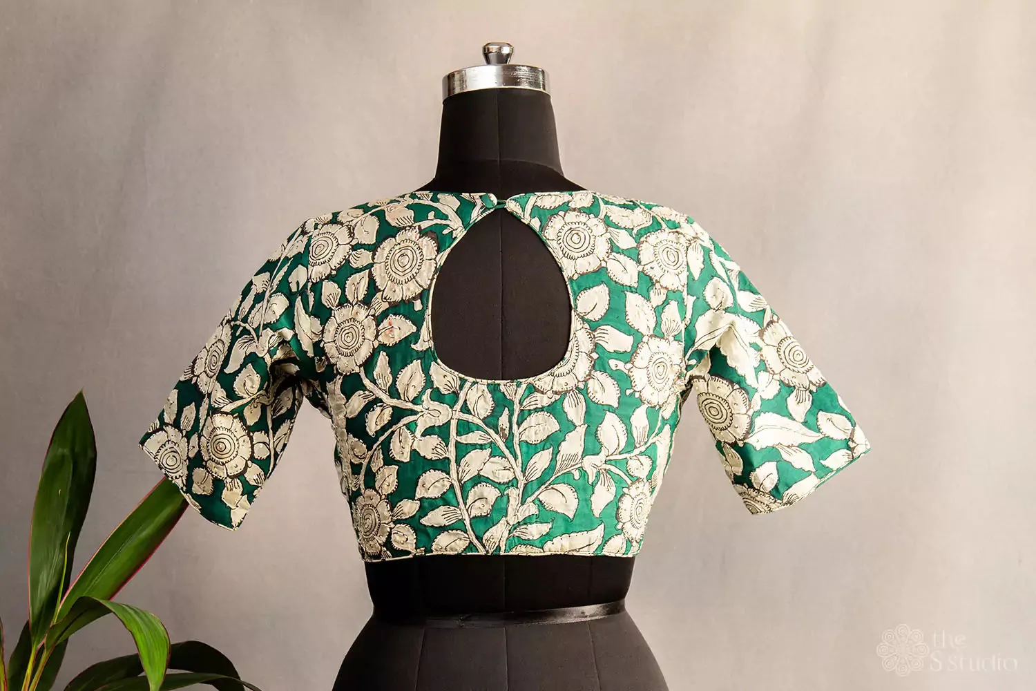 Green and white pen kalamkari hand painted silk blouse with kantha embroidery