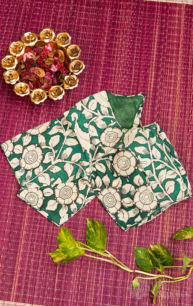 Green and white pen kalamkari hand painted silk blouse with kantha embroidery
