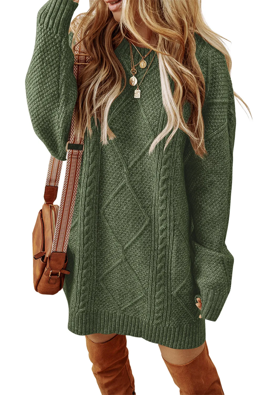 Mist Green Cable Knit Drop Shoulder Loose Fit Sweater Dress