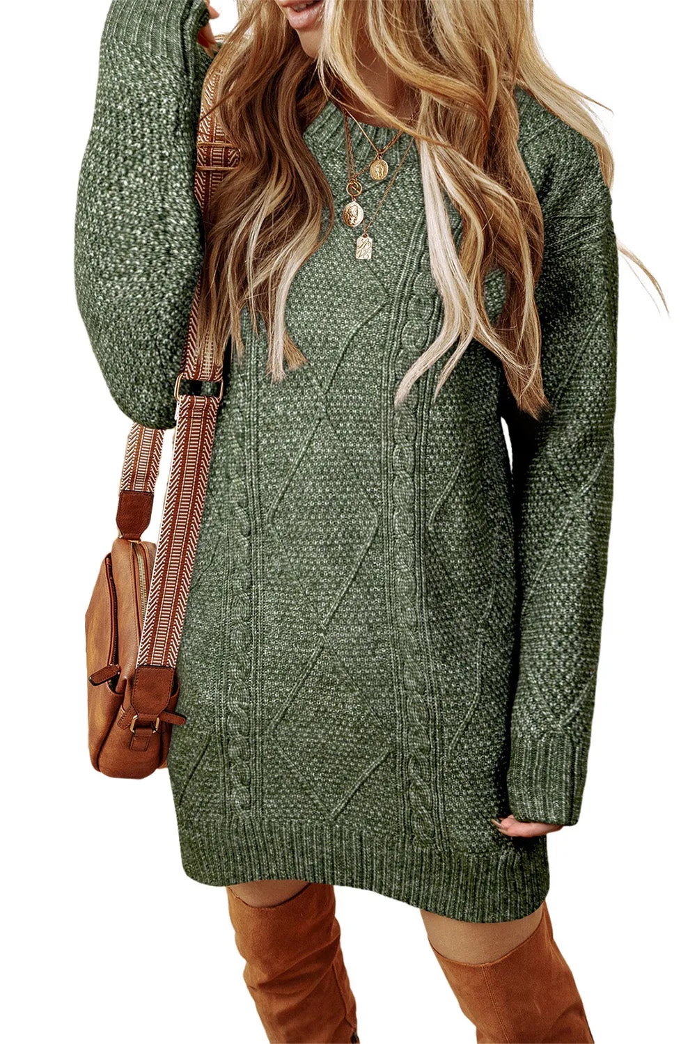 Mist Green Cable Knit Drop Shoulder Loose Fit Sweater Dress