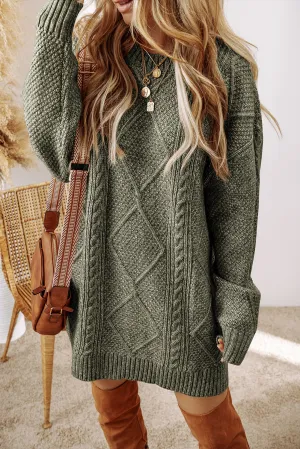 Mist Green Cable Knit Drop Shoulder Loose Fit Sweater Dress