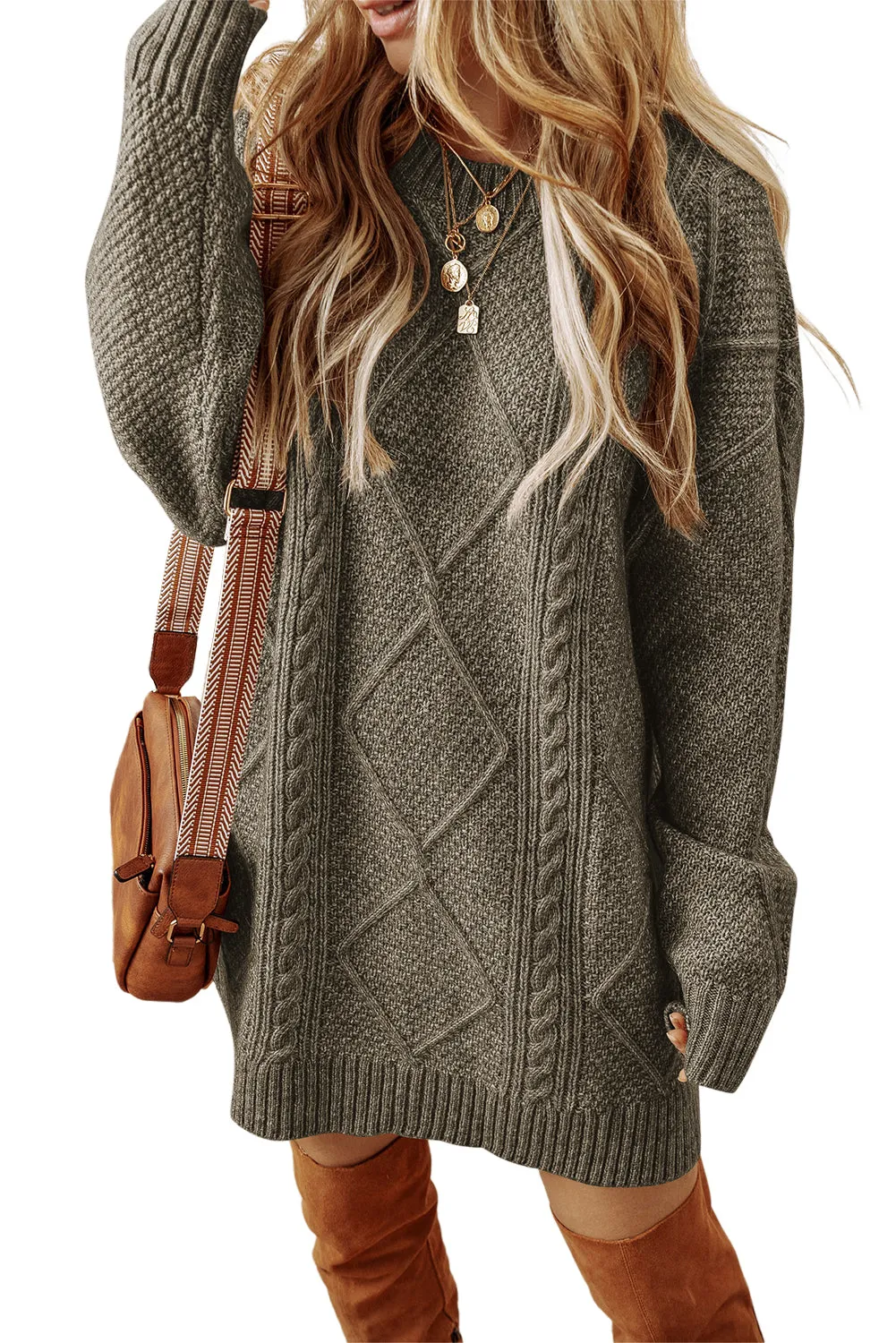 Mist Green Cable Knit Drop Shoulder Loose Fit Sweater Dress