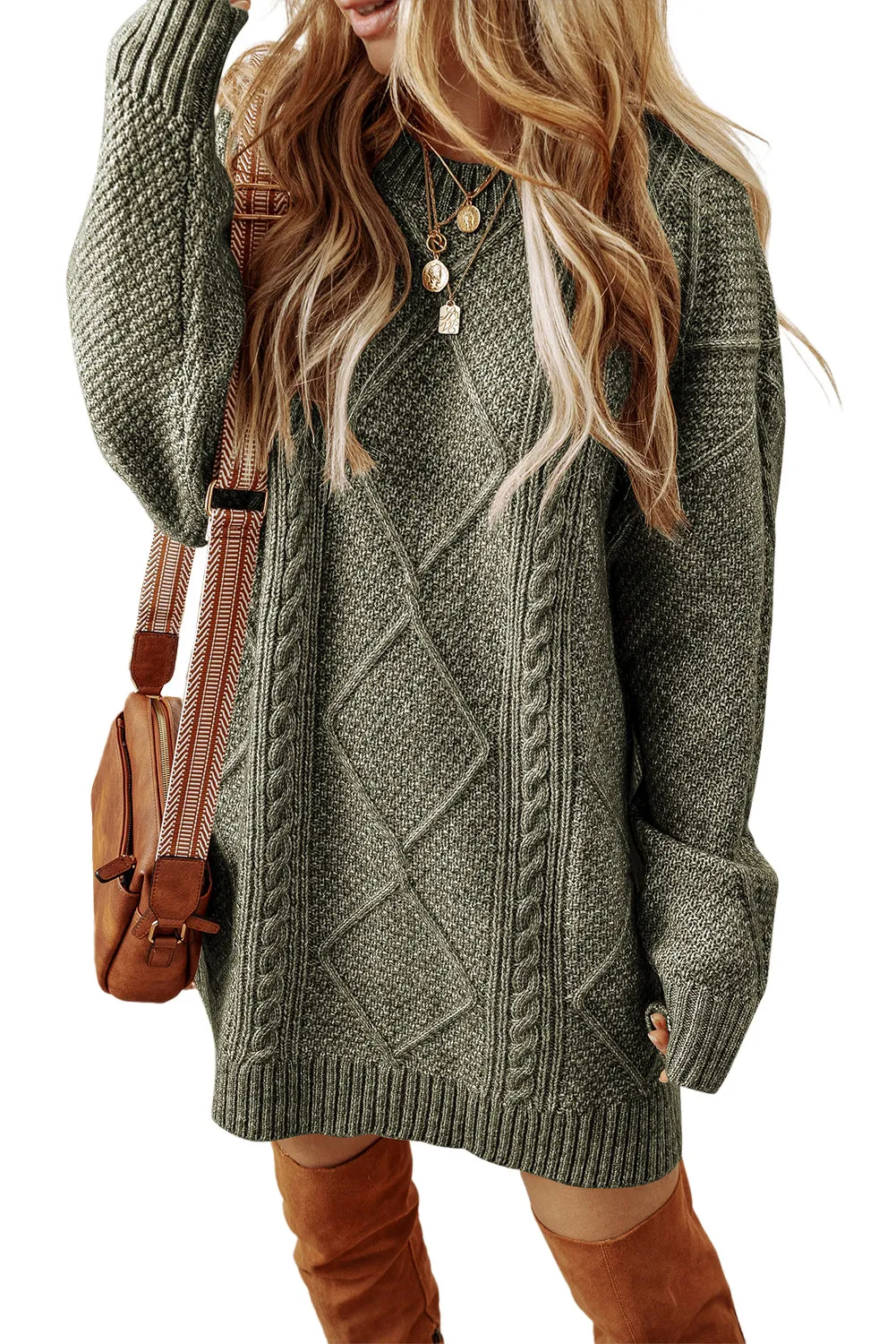 Mist Green Cable Knit Drop Shoulder Loose Fit Sweater Dress