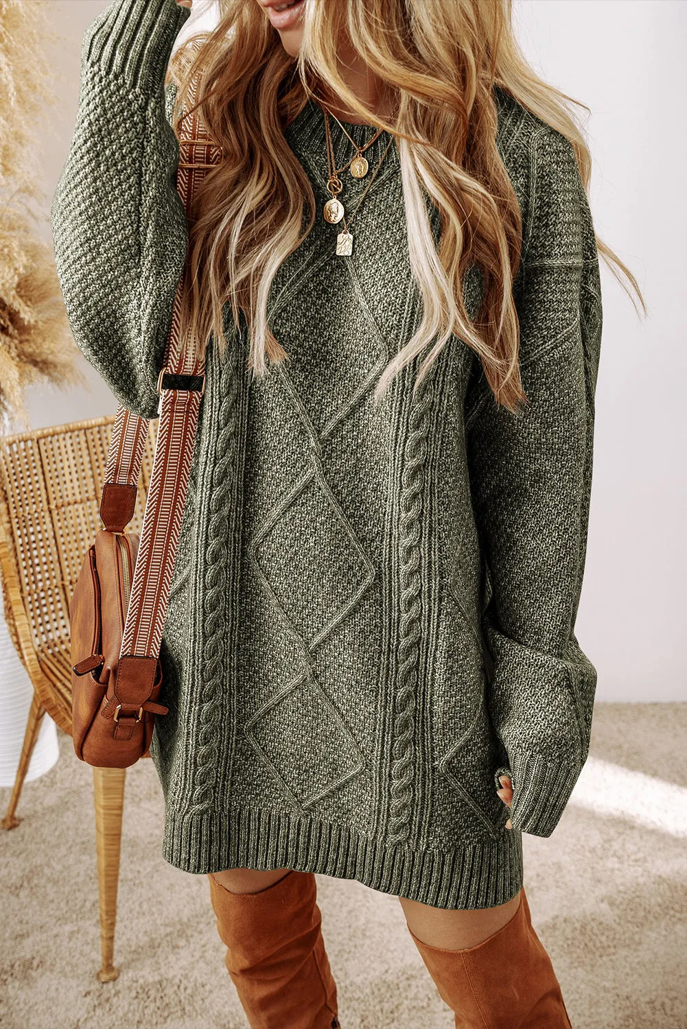 Mist Green Cable Knit Drop Shoulder Loose Fit Sweater Dress