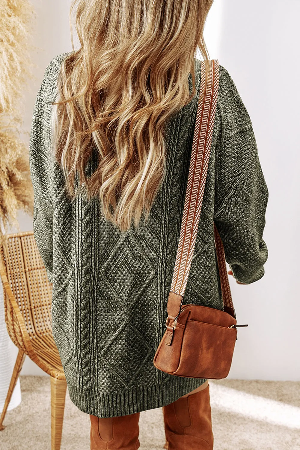 Mist Green Cable Knit Drop Shoulder Loose Fit Sweater Dress