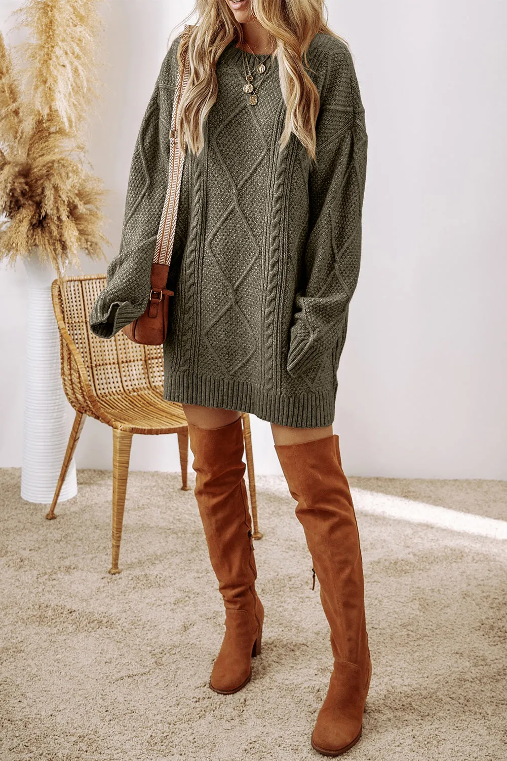 Mist Green Cable Knit Drop Shoulder Loose Fit Sweater Dress