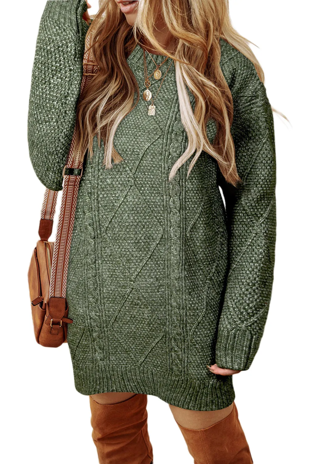 Mist Green Cable Knit Drop Shoulder Loose Fit Sweater Dress