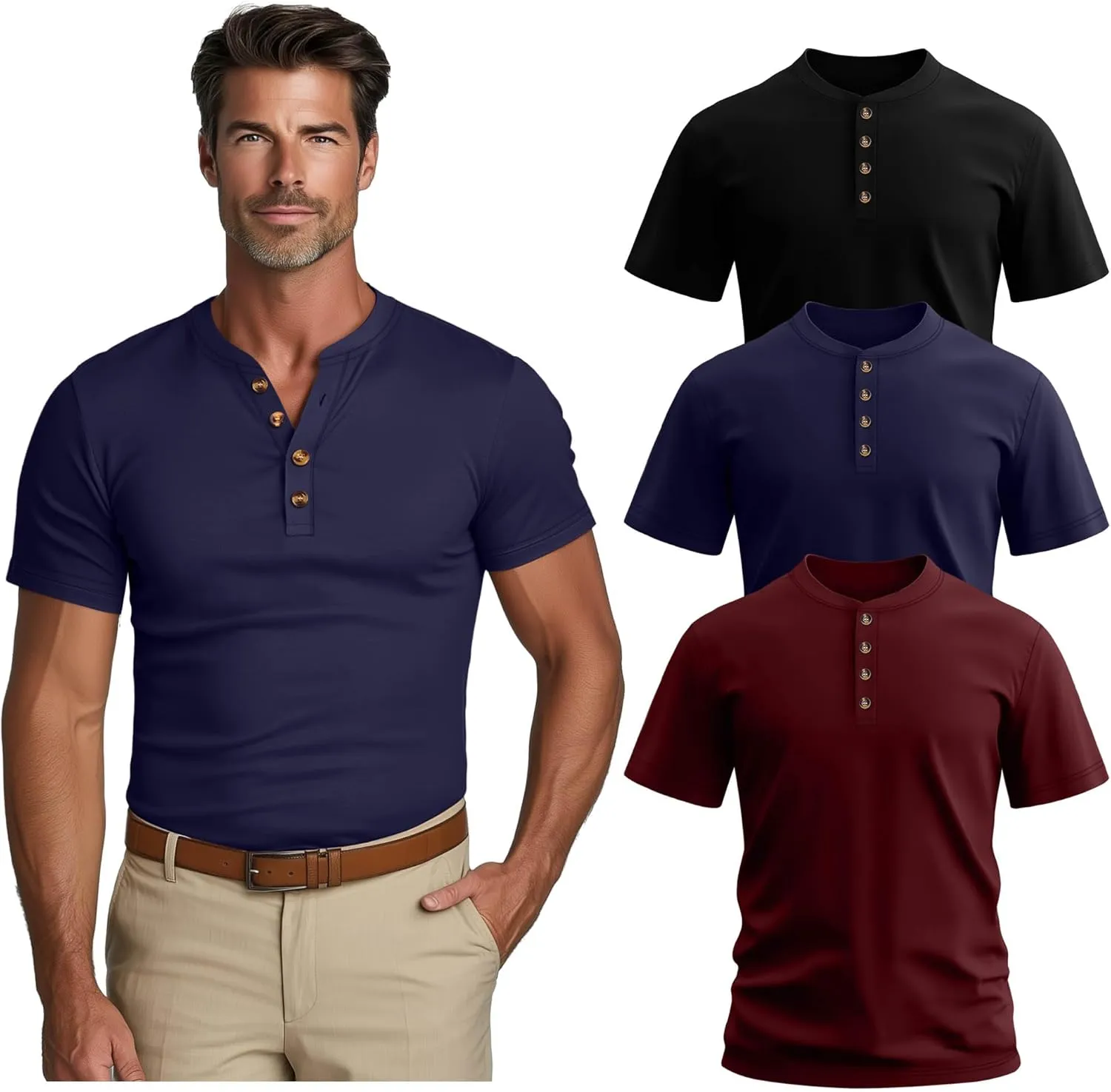 Riyiper 3 Pack Men's Big and Tall Henley T-Shirts Short Sleeve Cotton Plus Size Tees Loose Fit Plus Size Oversized Basic Tops
