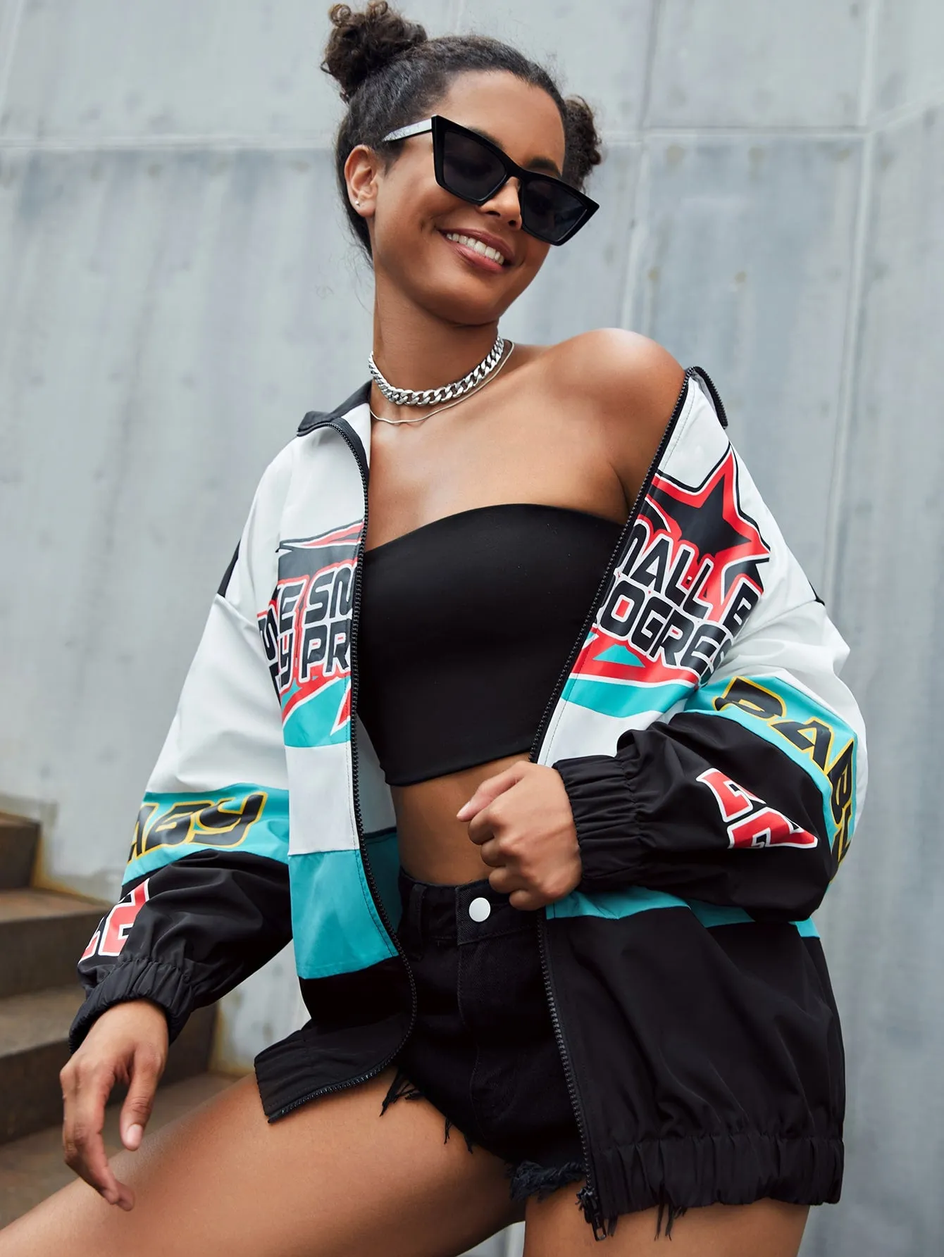 Sporty Slogan Zipper Long Sleeve Stand Collar Regular Women Jacket