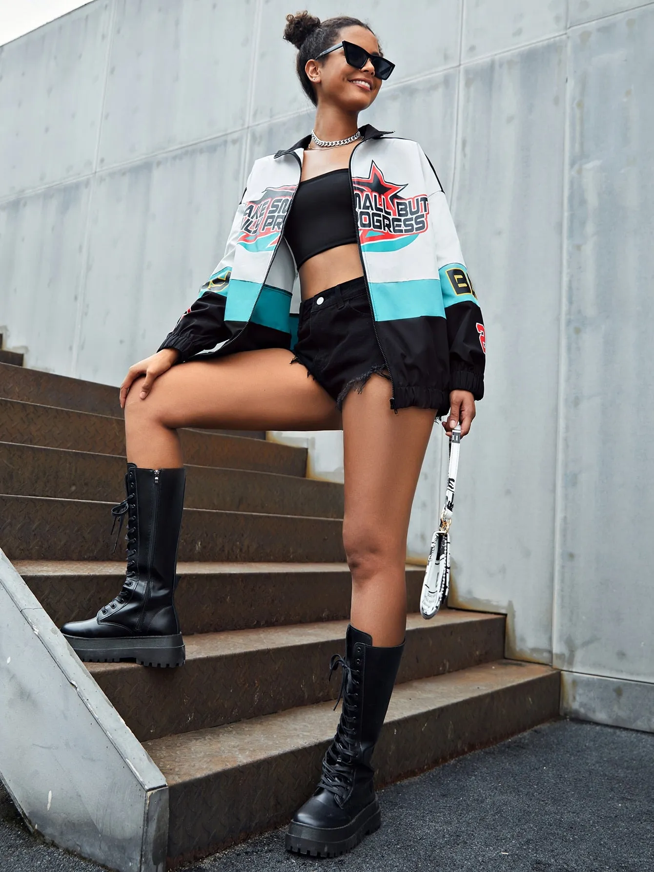 Sporty Slogan Zipper Long Sleeve Stand Collar Regular Women Jacket