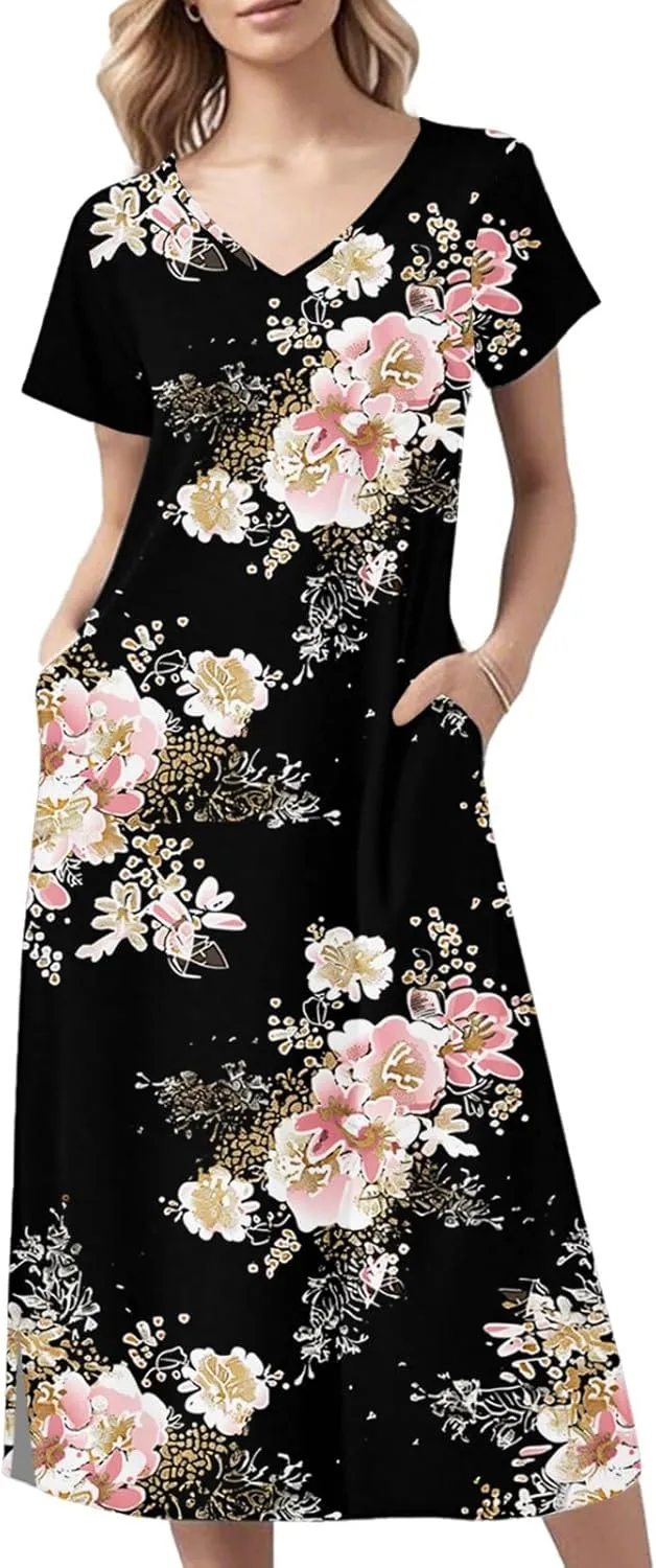 Spring Dresses for Women 2025 Midi Short Sleeve A Line Dress Loose Flowy T Shirt Dresses Beach Dress with Pockets