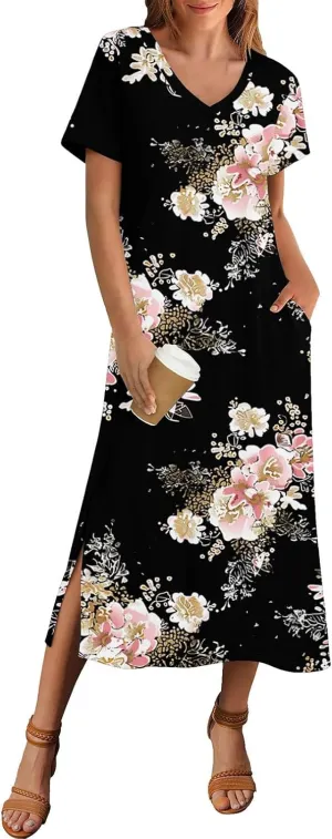 Spring Dresses for Women 2025 Midi Short Sleeve A Line Dress Loose Flowy T Shirt Dresses Beach Dress with Pockets