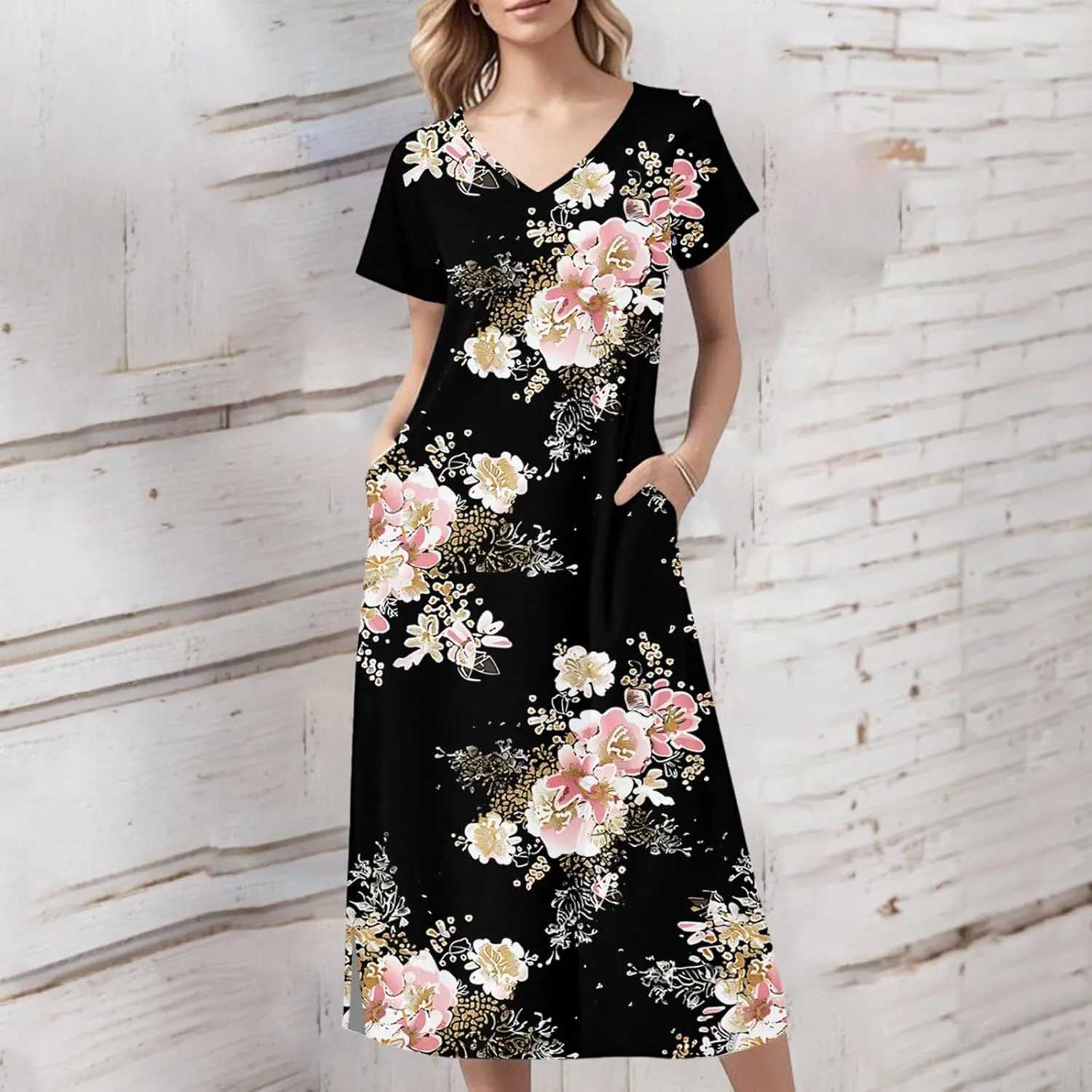 Spring Dresses for Women 2025 Midi Short Sleeve A Line Dress Loose Flowy T Shirt Dresses Beach Dress with Pockets
