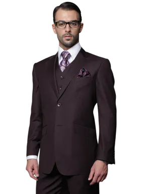 Statement Plum 3pc Men's Solid Color Vested Suit 100% Wool