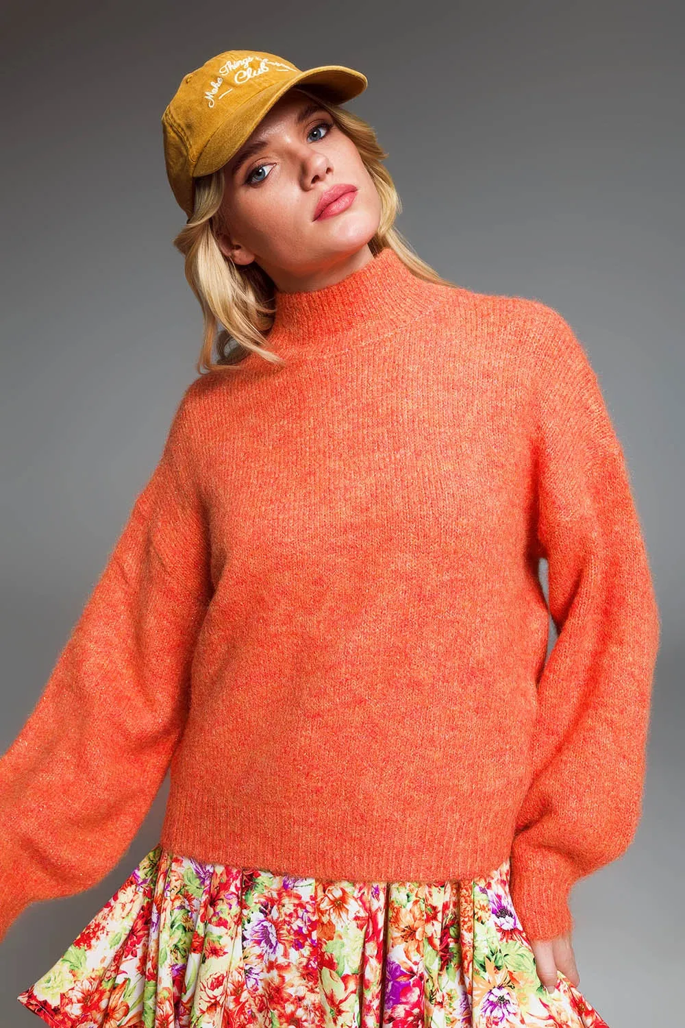 Sweater With Chimney Style Collard In Metallic Thread Orange