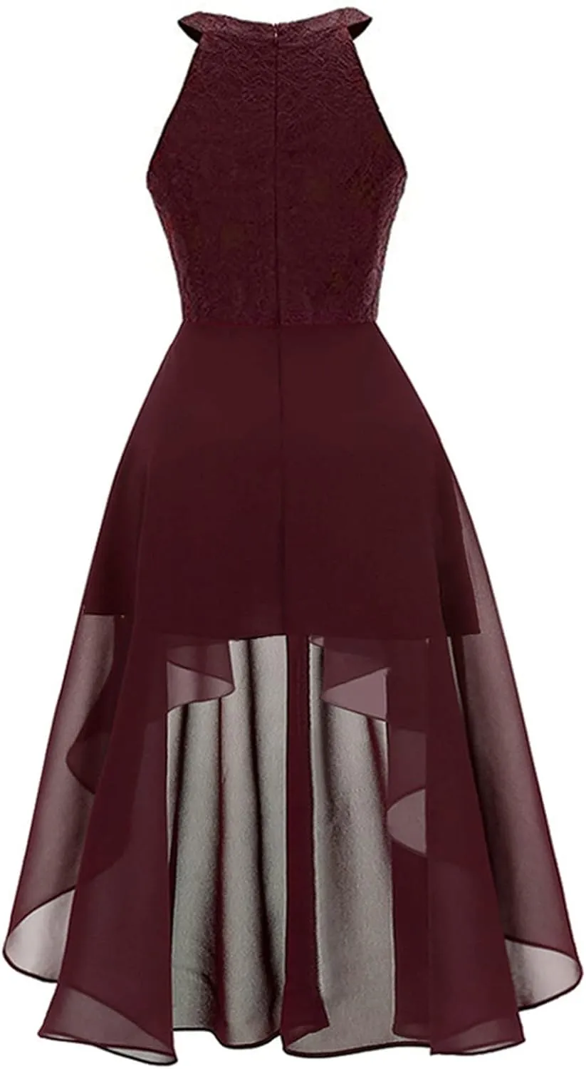 Wedding Guest Dresses for Women Trendy Lace Halter Neck Sleeveless Midi Dress Elegant Ladies High Low Hem Prom Dress
