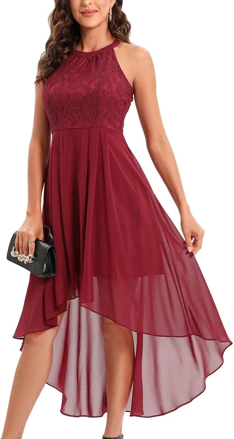 Wedding Guest Dresses for Women Trendy Lace Halter Neck Sleeveless Midi Dress Elegant Ladies High Low Hem Prom Dress