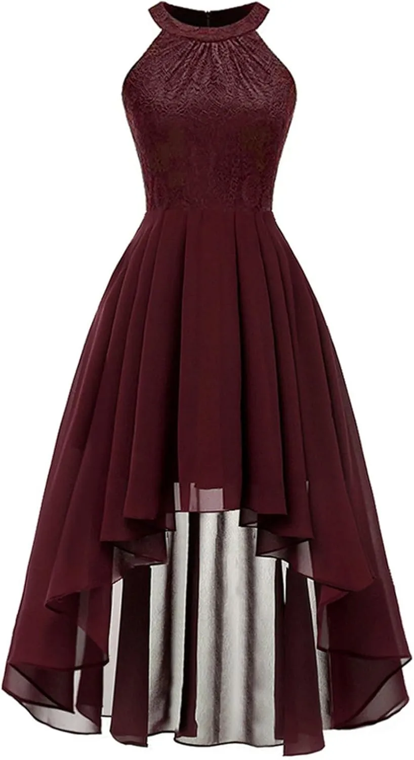 Wedding Guest Dresses for Women Trendy Lace Halter Neck Sleeveless Midi Dress Elegant Ladies High Low Hem Prom Dress