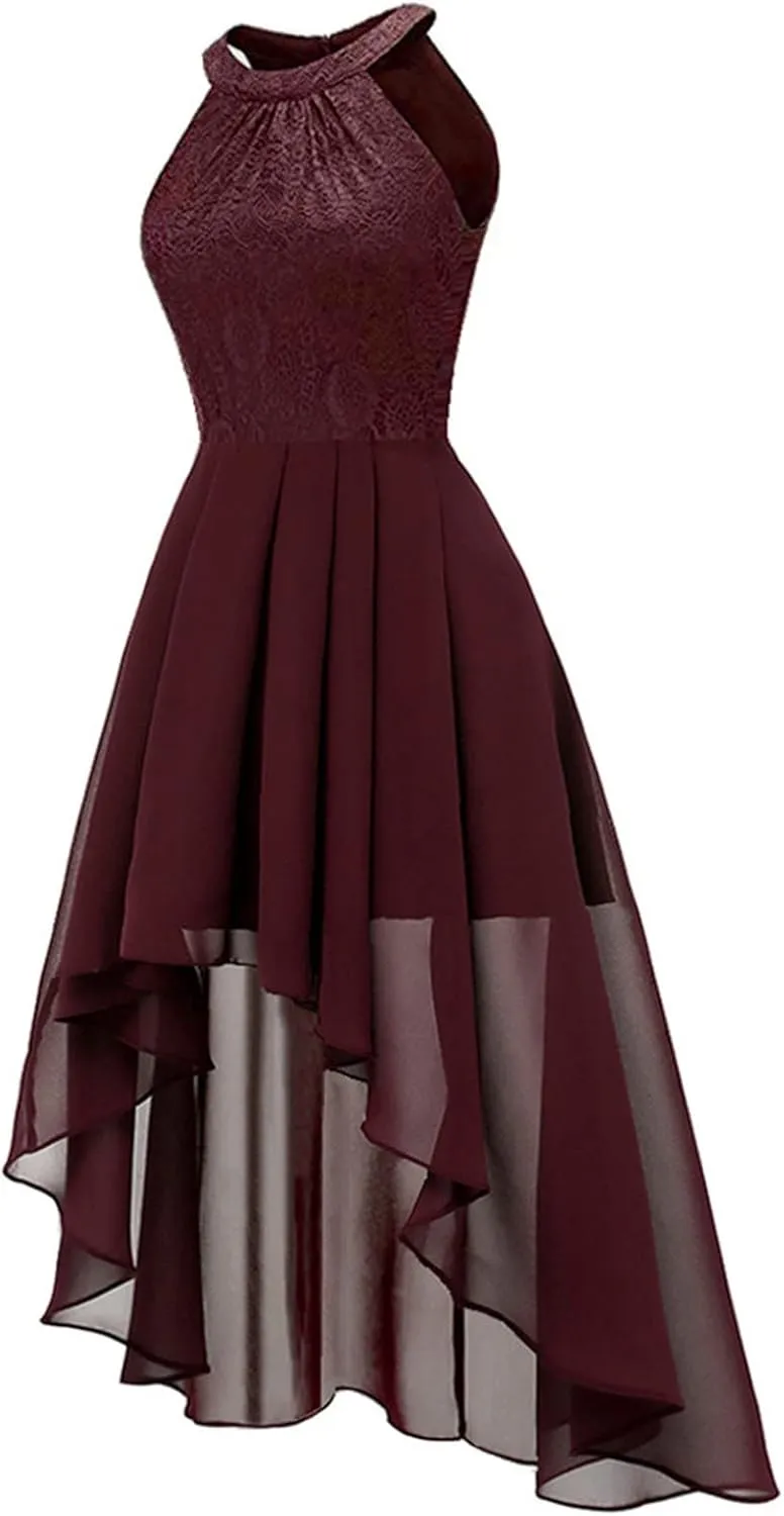 Wedding Guest Dresses for Women Trendy Lace Halter Neck Sleeveless Midi Dress Elegant Ladies High Low Hem Prom Dress