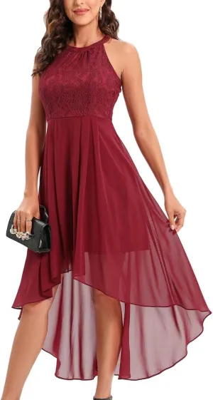 Wedding Guest Dresses for Women Trendy Lace Halter Neck Sleeveless Midi Dress Elegant Ladies High Low Hem Prom Dress